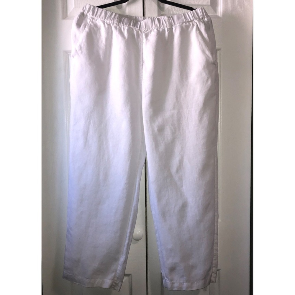 Quince Women's White Linen Wide-Leg Cropped Pull-On Pants L High Rise Beach